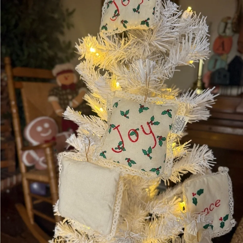 Vintage 1980’s Peace, Joy, Noel White Pillow Ornaments Set of 6